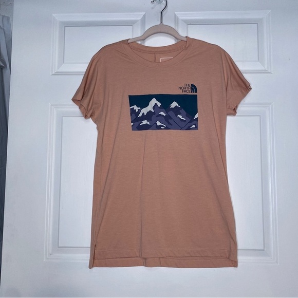 The North Face Pink Longline Snowy Mountains Graphic Tee Shirt Size Small - Picture 1 of 6